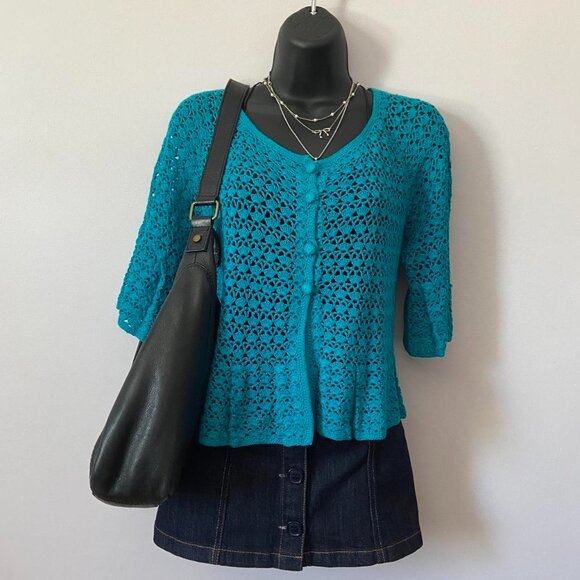 y2k 2000s whimsical teal blue open knit crochet fairy cardigan - Picture 1 of 8
